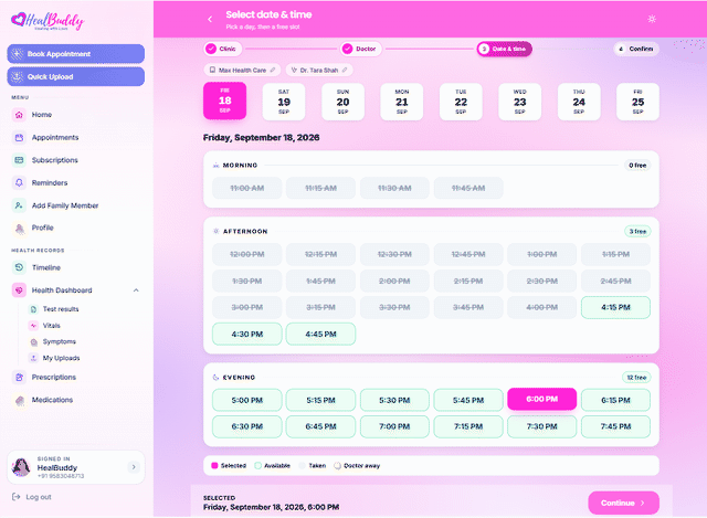 Choosing a doctor and a free time slot in the HealBuddy booking flow.